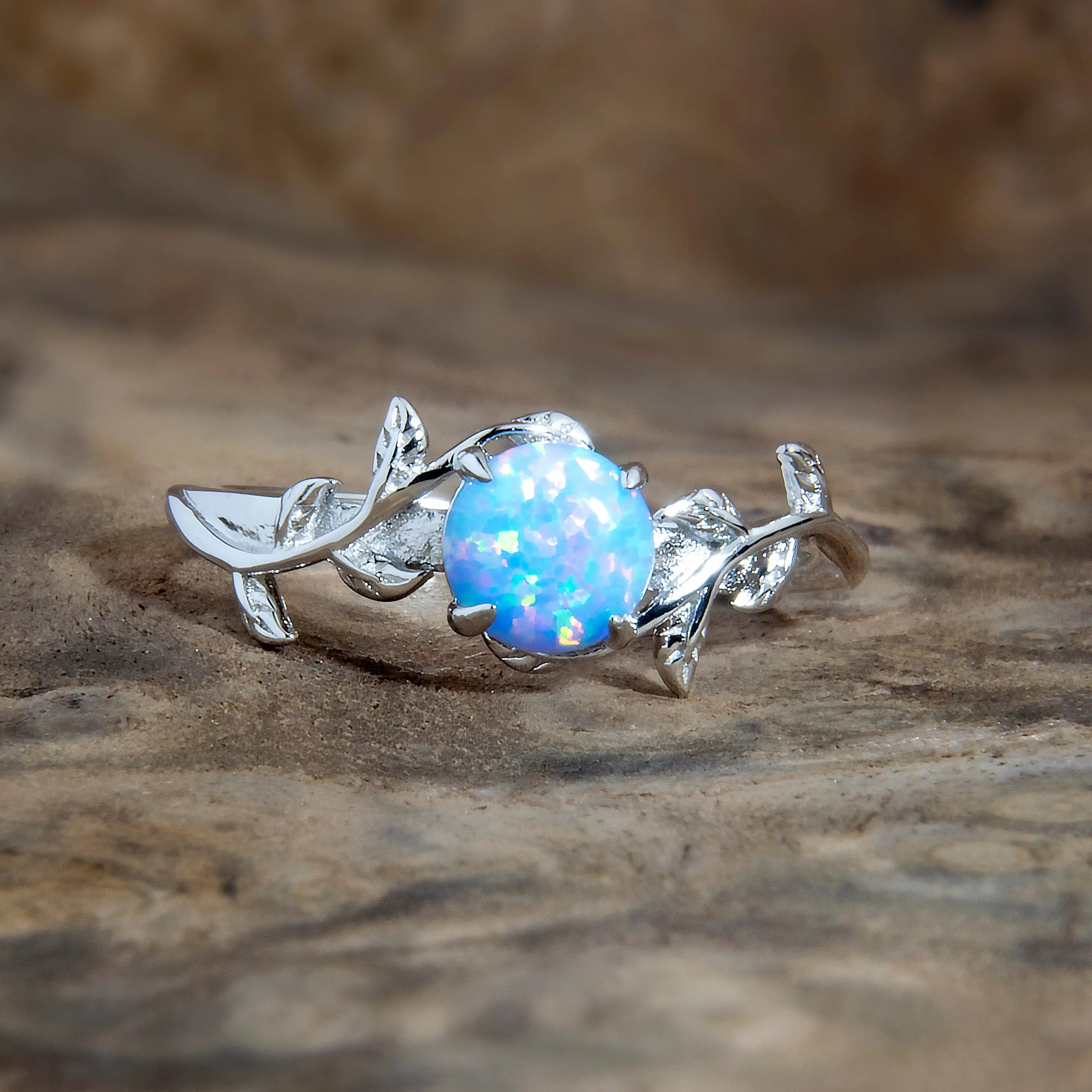 Silver Leaf Branch Sky Blue Opal Ring