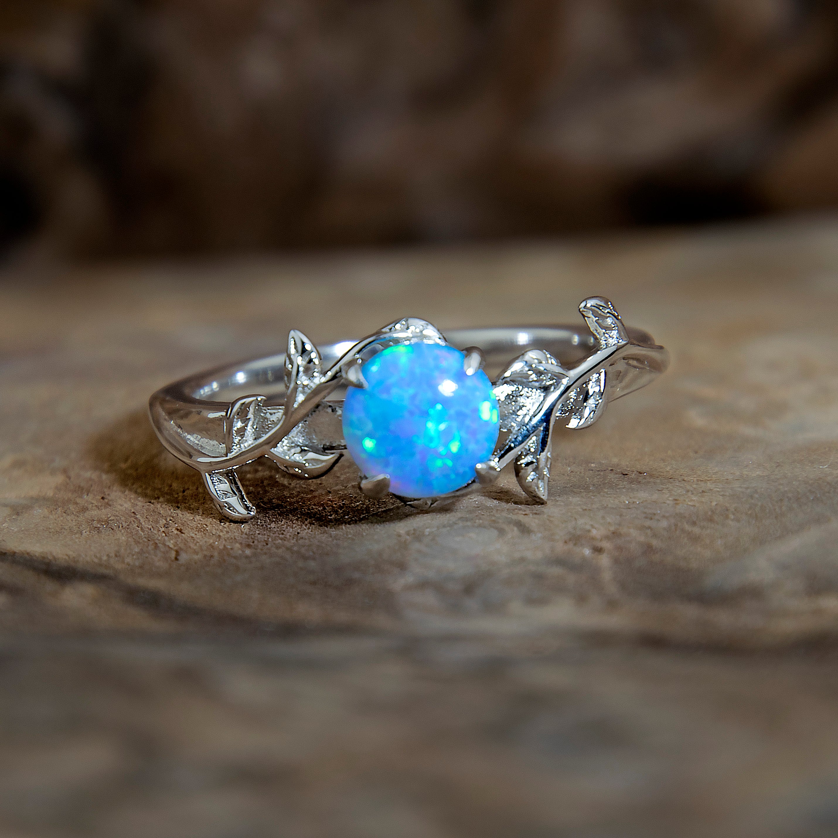 Silver Leaf Branch Azure Light Blue Opal Ring