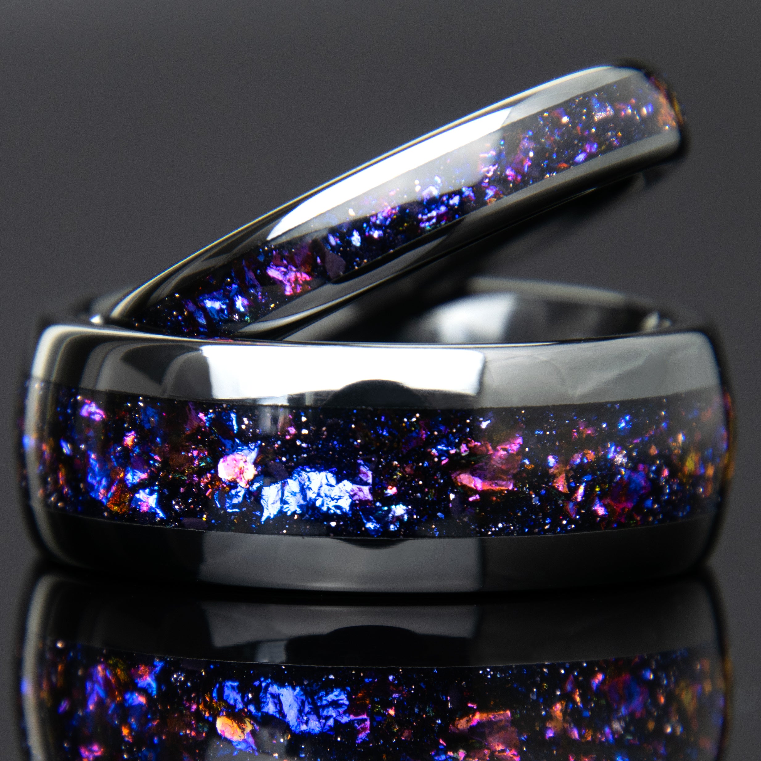 His and Hers Black Ceramic Galaxy Wedding Ring Set Copperbeard Jewelry