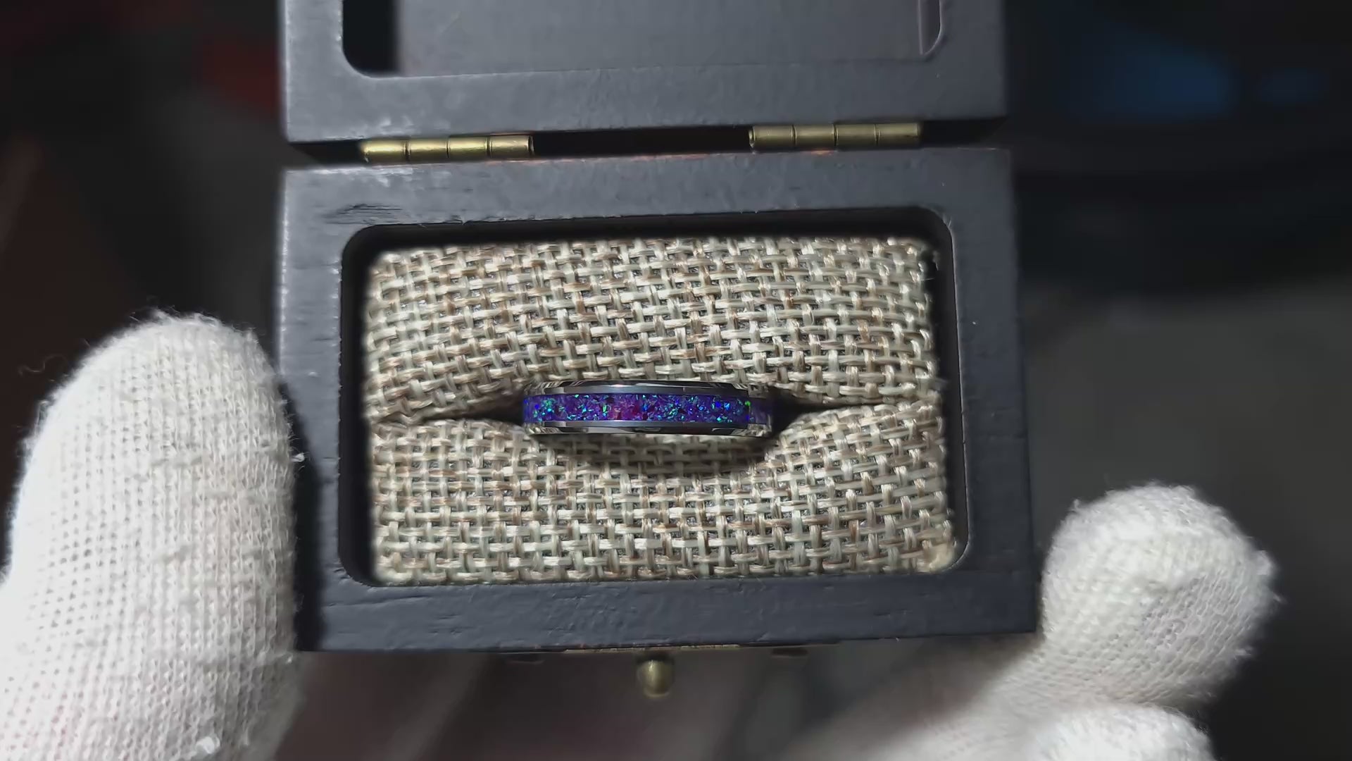 Purple And Blue Opal Ring With Tungsten Band