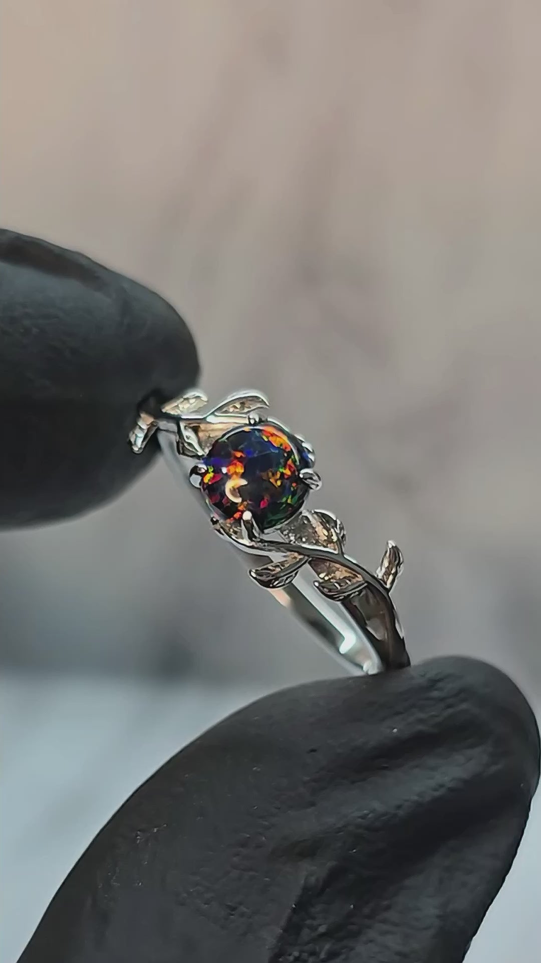 Silver Leaf Branch Black Fire Opal Ring